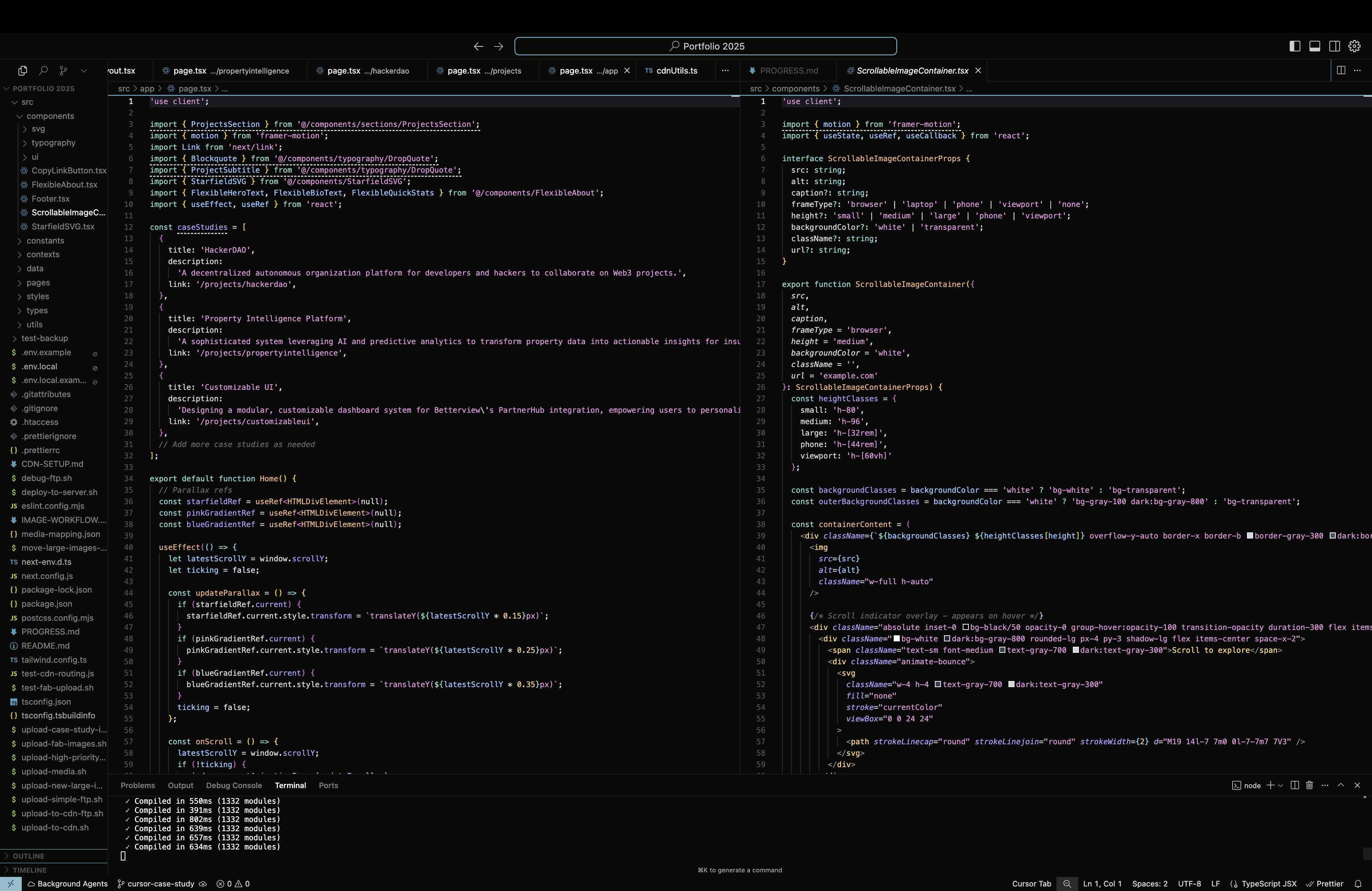 Cursor editor showing portfolio development in progress