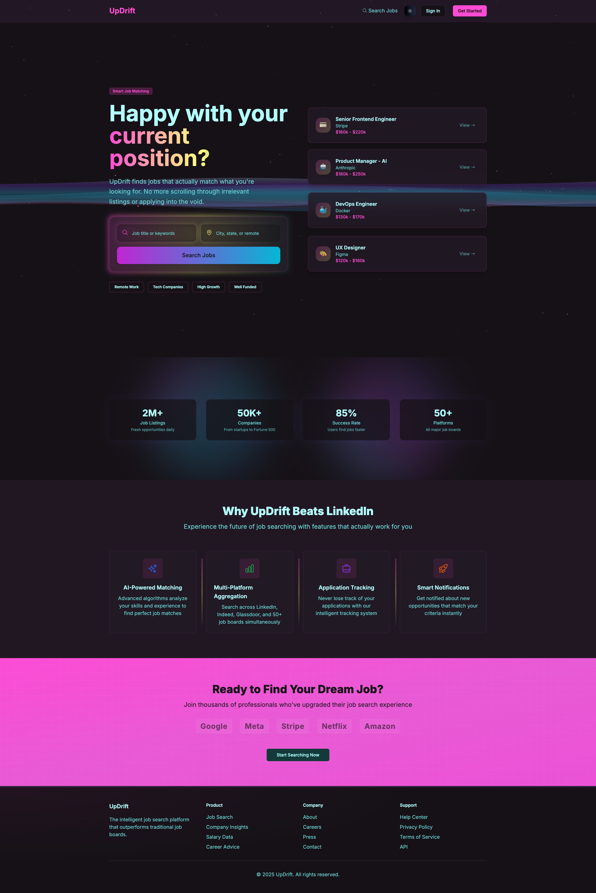 UpDrift.me public homepage showcasing cosmic design system