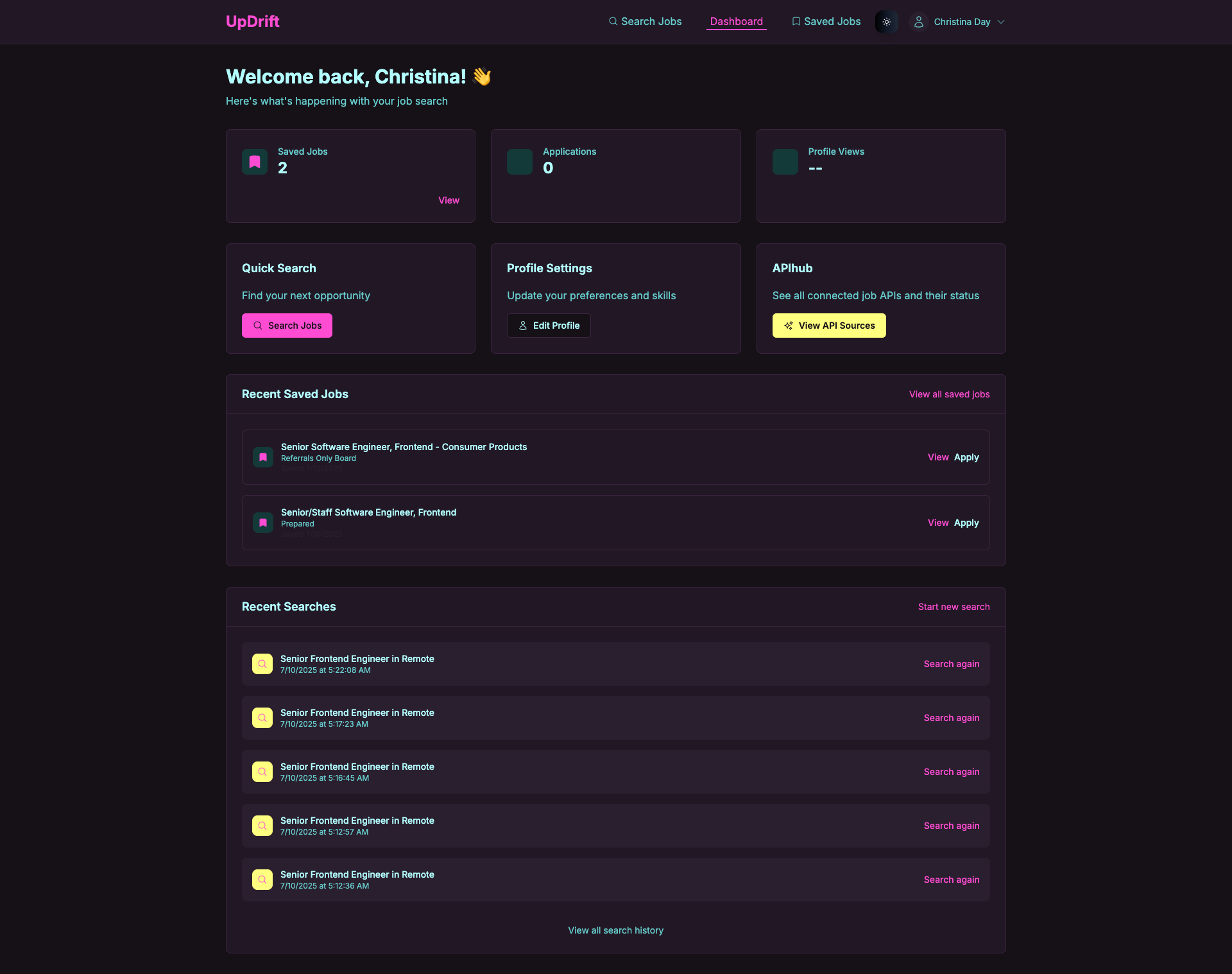 UpDrift personalized dashboard for logged-in users